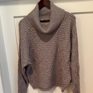 Grayish Beige cowl neck, cable sweater, size, medium
Cyrus
